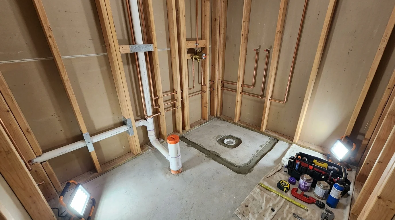 Bathroom rough-in plumbing during remodel by Johns Plumbing LLC in Sand Point