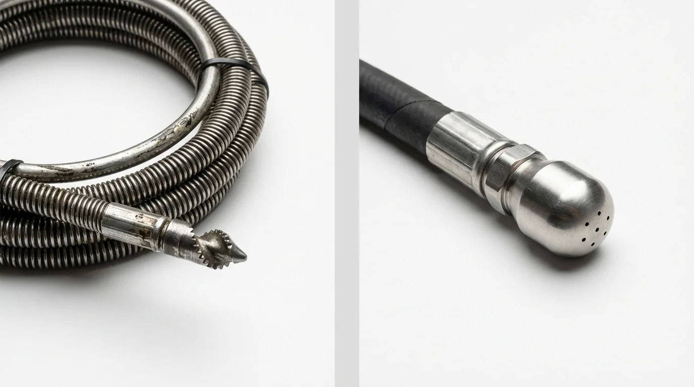 Drain snake cable and hydro jetting nozzle used for drain cleaning in Sand Point, AK