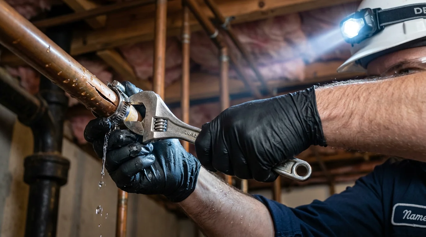Emergency pipe clamp repair being performed by a Johns Plumbing LLC plumber in Sand Point