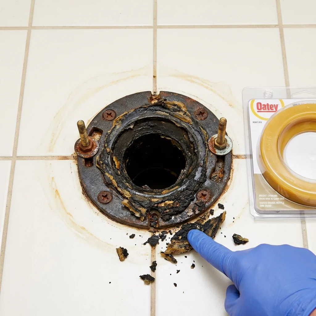 Failed wax ring showing water seepage at the base of a toilet in a Sand Point, AK home